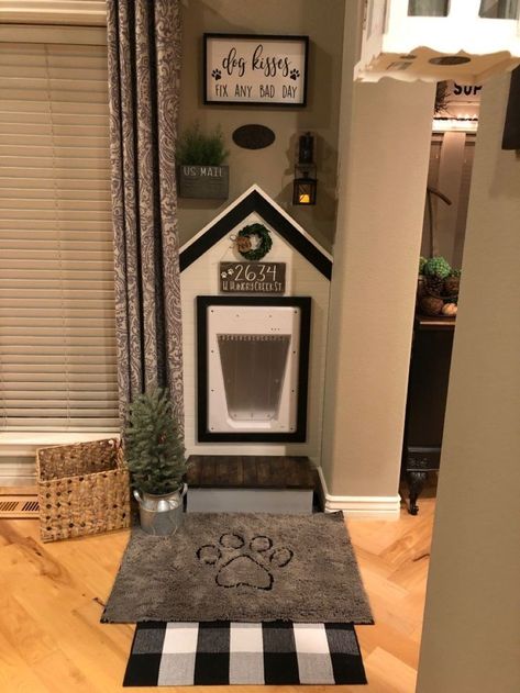 Dog House Closet Ideas, Dog Door Kennel Ideas, Dog Door Decoration, Dog Doors In Wall, Dog Door Decor, Doggy Door Ideas Large Dogs, Doggie Door Ideas In Wall, Diy Doggy Door, Dog Closet Ideas