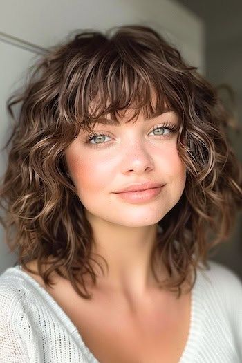 Choppy Bob Hairstyles With Bangs, Caramel Hair Color Ideas, Caramel Hair Color, Shoulder Length Curly Hair, Layered Curls, Natural Curly Hair Cuts, Medium Length Curly Hair, Strawberry Blonde Hair Color, Medium Hair Styles For Women