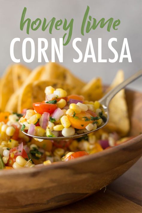 This Honey Lime Corn Salsa is the perfect combination of sweet and spicy. Everything is so fresh and perfect for summertime! Sweet Corn Salsa Recipe, Sweet Corn Salsa, Lime Corn, Corn Salsa Recipe, Honey Lime Chicken, Spicy Corn, Corn Salsa, Spicy Honey, Fresh Salsa