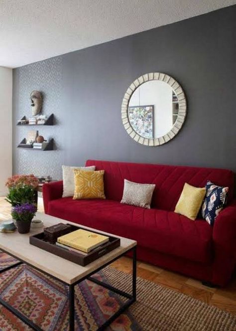 RED LIVING ROOM IDEAS – It isn’t without reasons that red symbolizes bravery. Applying red for our living room takes courage because the color is quit... Red Sofa Decorating, Grey And Red Living Room, Red Sofa Living, Red Furniture Living Room, Red Sofa Living Room, Red Couch Living Room, Grey Couch, Grey Couch Living Room, Red Couch