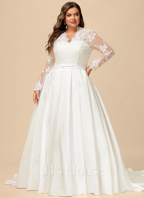 Ball-Gown/Princess V-Neck Court Train Lace Satin Wedding Dress With Bow (002171947) - JJ's House Wedding Ball Gown Princess, Wedding Train, Court Train Wedding Dress, Wedding Dress Silhouette, Satin Ball Gown, Dress Train, Buy Wedding Dress, Bow Wedding Dress, Court Dresses