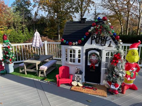 Diy Playhouse Makeover Christmas, Playhouse Christmas Makeover, Playhouse Christmas Decor, Penny Activities, Playhouse Redo, Christmas Playhouse, Diy Playhouse Makeover, Toy Makeover, Baby Play House