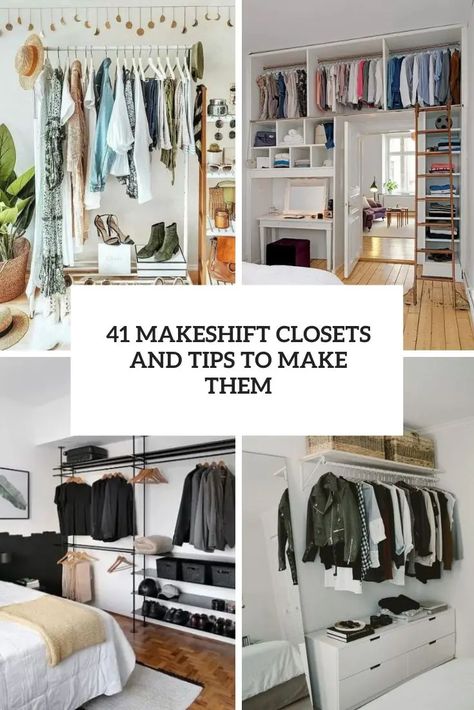 41 Makeshift Closets And Tips To Make Them - Shelterness Storage For No Closets, Make Shift Closet, Closet Alternatives, Makeshift Closet, Stained Dresser, Tall Storage Unit, Small Closet Space, Metal Clothes Rack, Long Dresser