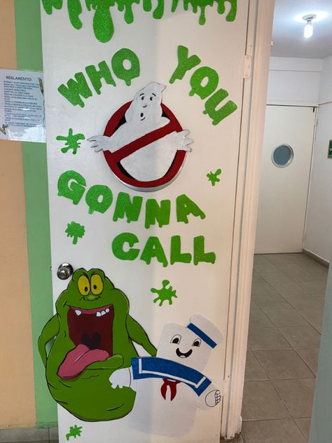 Casper The Friendly Ghost Door Decoration, Ghostbusters Classroom Door, Ghostbusters Door Decorations, Halloween Door Decorations Apartment, Office Halloween Door Decorations, Beetlejuice Door Decoration, Ghostbusters Decor, Halloween Office Door Decorating Contest, Halloween Door Decorating Contest Office