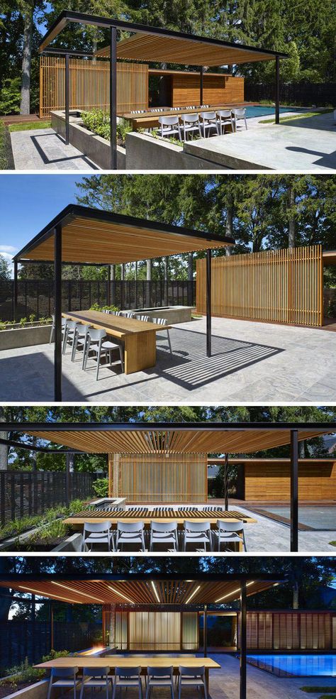 This modern landscaped backyard has a grassy lawn, a swimming pool, an outdoor kitchen with wood burning pizza oven, an outdoor dining space with trellis, a firepit, and a pool house with bathroom and change room. #”outdoorkitchencountertops” Outdoor Kitchen With Wood, Backyard Ideas With Pool, Pool House With Bathroom, Moderne Pools, Wood Burning Pizza Oven, Landscape Gardening, Outdoor Kitchen Countertops, Pool Landscape Design, Pavilion Design