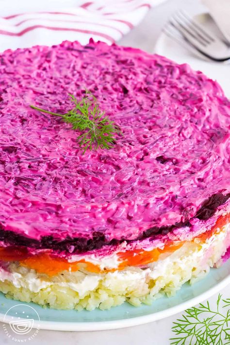 Herring Under a Fur Coat or Shuba salad Recipe is a classic Russian layered salad made with pickled herring fillets, eggs, mayo, and cooked vegetables. Shuba Recipe, Orzo Salad Recipes, Chicken Orzo, Savory Salads, Layered Salad, Ukrainian Recipes, Fish Salad, Creamy Tomato Sauce, Kinds Of Desserts