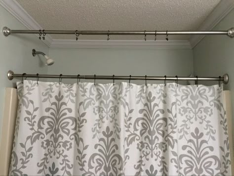 We weren't sure why she hung the second tension rod at first, but now we think she's brilliant! Sew Shower Curtain, Shower Curtain With Valance, Baños Shabby Chic, Farmhouse Style Curtains, Valance Ideas, Primitive Bathrooms, Decor Makeover, Shabby Chic Bathroom, Gorgeous Bathroom