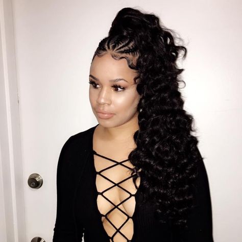 Braided Into Ponytail, Ponytail With Braids, Curl Ponytail, Jerry Curl Hair, Extended Ponytail, Curled Ponytail, Braids Ponytail, Cornrow Braids, Jerry Curl