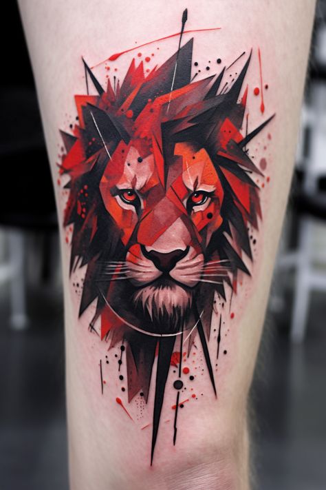 Incredible Tattoos Men, Black Red Tattoo Men, Lion Flames Tattoo, Modern Lion Tattoo, Lion Trash Polka Tattoo, Abstract Lion Tattoo Design, Red Tattoo Aesthetic Men, Red And Black Aesthetic Tattoo, Lion Colour Tattoo