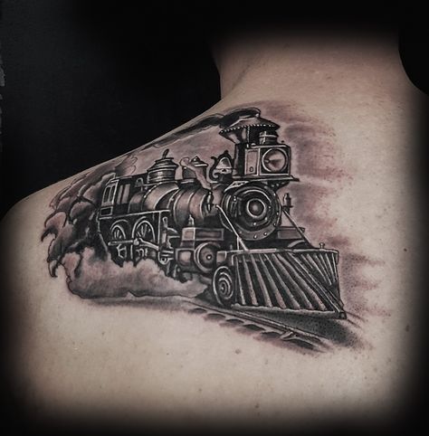 Black and grey tattoo. Mike Evans tattoo. Elite skin art tattoo. Oklahoma tattoo train tattoo Steam Train Tattoo, Train Tattoos, Oklahoma Tattoo, Train Tattoo, Pixie Tattoo, Today Tattoo, Fun Tattoo, Le Tattoo, Tattoo Thigh