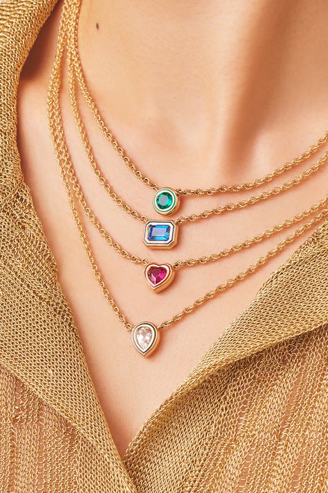 The Madison Collections offers Pear, Heart, Rectangle & Round bezel set stone necklaces. Choose your stone & shape. Color Stones Jewelry, Band Necklace, Stone Necklaces, Bezel Necklace, Gold Pendant Jewelry, Silver Jewelry Design, Ruby Emerald, Concept Ships, Enamel Necklaces