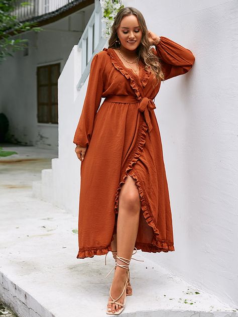 Rusty Dress, Flowy Fall Dresses, Copper Dress, Casual Wedding Guest Dresses, Dress Puff Sleeve, Belted Wrap Dress, Burnt Orange Dress, Fall Dress Outfit, Guest Attire