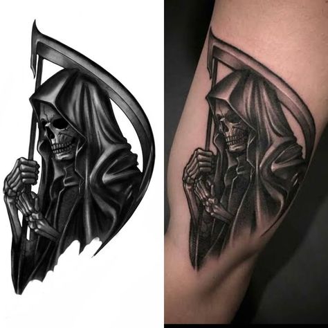 Santa Muerte Tattoo, Skull Rose Tattoos, Skull Art Tattoo, Grim Reaper Tattoo, Reaper Tattoo, Saved Tattoo, Circle Tattoos, Cool Arm Tattoos, Geniale Tattoos