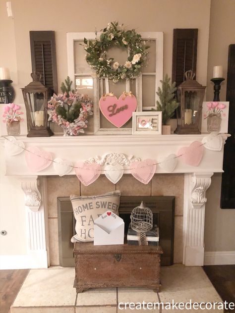 Valentines Day Mantel Decorating Ideas, Valentines Day Farmhouse Decor, Bedroom Valentines Decor, Valentine Bedroom, Valentine Day Mantle Ideas, Valentine's Mantle Decor, Dollar Tree Valentines Decorations, Valentines Day Mantel Decor, Dollar Tree Mantle Decor