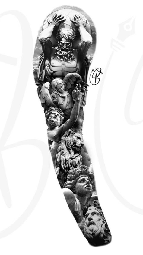 Design Greek Mythology Tattoo, Self Made Man Tattoo, Greek Mythology Art Tattoos, Mythology Sleeve Tattoo, Tattoo Ideas Greek Mythology, Greece Tattoo Mythology, Greek Mythology Tattoo Design, Greek Sleeve Tattoo, Greek Mythology Tattoos Sleeve Ideas