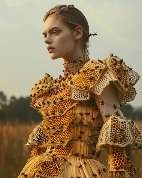 Queen Bee 🐝 : an eco-friendly clothing concept that turns your dress into a home for bees Still thinking about Spring/Ostara for this one for #landofblursed @blursed_montage and #chxrchchallenges @the_clone_supper #midjourneyfashion #aifashion #midjourneyconcept #midjourneycommunity #midjourneyv6 #midjourneyblend #midjourneysref #midjourneyai #fashionconcept #ecofriendly #bees #ecofriendlyfashion #aifashiondesign #midjourneyfashiondesign #midjourneyfashion Bee Fashion Design, Food Inspired Outfits, Bizarre Photography, Bee Clothes, Insect Fashion, Pokemon Types, Eco Fashion Design, Bee Fairy, Bee Fashion