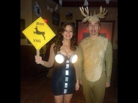 hilarious and original couple halloween costume idea! deer in headlights pun. Would probably be easy to make at home, DIY, or fairly inexpensive! Deer In Headlights, Pun Costumes, Most Popular Halloween Costumes, Funny Couple Costumes, Popular Halloween Costumes, Best Couples Costumes, Clever Halloween, Spooky Costumes, Homemade Costumes