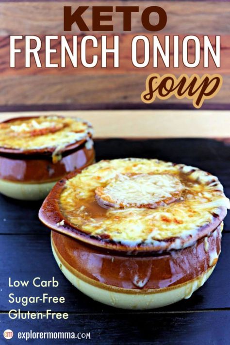 Keto French Onion Soup is a traditional delicious comfort food gone low carb. Topped with a gluten-free crostini and gruyere cheese, close your eyes and you're in a French cafe. #ketosoup #ketorecipes #ketofrenchonionsoup Keto French Onion Soup, Garlic Crostini, Keto Smoothie Recipes, Soup Appetizers, Boiled Egg Diet Plan, Boiled Egg Diet, Low Carb Diets, Keto Soup, Low Carb Soup