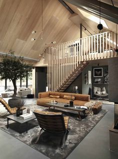 Mezzanine Design, Log Cabin Interior Design, Rustic Interior Design, Oak Cladding, Scandinavian Home Interiors, Swedish Home, Contemporary Modern House, Log Cabin Interior, Contemporary Barn