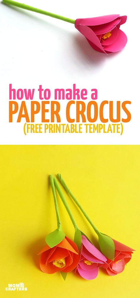 Learn how to make these beautiful paper crocus flowers - easy DIY paper flowers for beginners! It includes a free printable template to make your own from scratch Paper Flowers Diy Easy, April Crafts, Paper Party Decorations, Origami Rose, Crocus Flower, Easy Paper Flowers, Paper Flower Crafts, Paper Crafts Card, Paper Flower Template