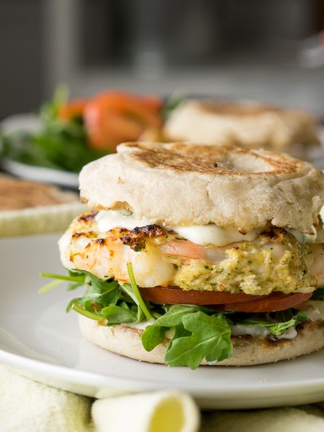 Tender Grilled Shrimp Burgers | I Wash You Dry Shrimp Burgers, Shrimp Burger, Lemon Garlic Sauce, English Muffin Recipes, Baked Peach, Breakfast Burger, Quick Breakfast Recipes, English Muffins, Cheesy Recipes