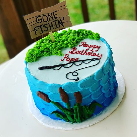 Ofishally Retired Cake, Fishing Cakes For Men Birthdays Easy, Lake Themed Birthday Cake, Fishing Cake Ideas For Men, Easy Fish Cake Birthday, Fishing Themed Cakes, Gone Fishing Birthday Cake, Simple Fishing Cake, Fishing Birthday Cake For Men