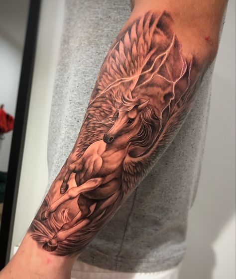 @febahia artist Pegasus Forearm Tattoo, Pegasus Tattoos, Godly Tattoos, Pegasus Tattoo, Revelation Tattoo, Horse Tattoo Design, Zeus Tattoo, Coverup Tattoo, Stars Tattoo