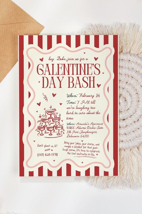 Galentine's Day Party Invitation Template Handwritten Editable Friends Valentine's Party Girl's Night Invite Printable Preppy Invitation - Etsy Galentines Party Invitations Free, Galentines Invite Ideas, Galentines Invites, Galentines Invitation Template, Galentines Invitation, Galentines Party Decor, Valentine Party Invitations, Bridal Proposal, Valentine Invitations