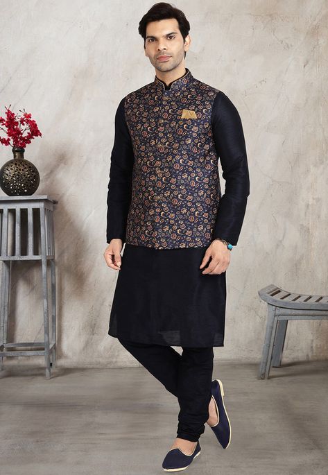 Art Dupion Silk Kurta in Navy Blue This attire with Satin Lining is Enhanced with Buttons, Digital and Floral Print, Crafted in Chinese Collar Neck and Full Sleeve Available with an Art Dupion Silk Churidar in Navy Blue and an Art Silk Nehru Jacket in Navy Blue Do note: Footwear shown in the image is for presentation purposes only. Half to one inch may vary in measurement. (Slight variation in actual color vs. image is possible) Kurta Pajama Men Wedding, Kurta Pajama Wedding, Nehru Jacket With Kurta, Pajama Wedding, Kurta Pyjama With Jacket, Silk Churidar, Kurta Pyjama, Indian Men Fashion, Nehru Jacket