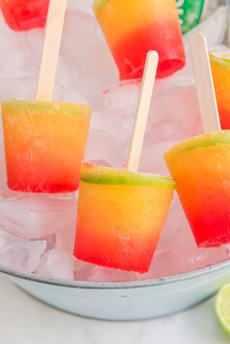 Tequila Sunrise Boozy Pops in a bucket Alcohol Truck, Dirty Drinks, Infused Fruit, Boozy Pops, Boozy Ice Pops, Summer Drinks Alcohol Recipes, Boozy Popsicles, Princess Pinky Girl, Alcholic Drinks