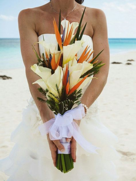 Tropical Arm Sheaf/Pageant/Presentation Style Wedding Bouquet Arranged With… Beach Wedding Bouquet, Bird Of Paradise Wedding, Beach Bouquet, Tropical Wedding Bouquets, Paradise Wedding, Bouquet Bride, Beach Wedding Flowers, Boda Mexicana, Destination Wedding Mexico