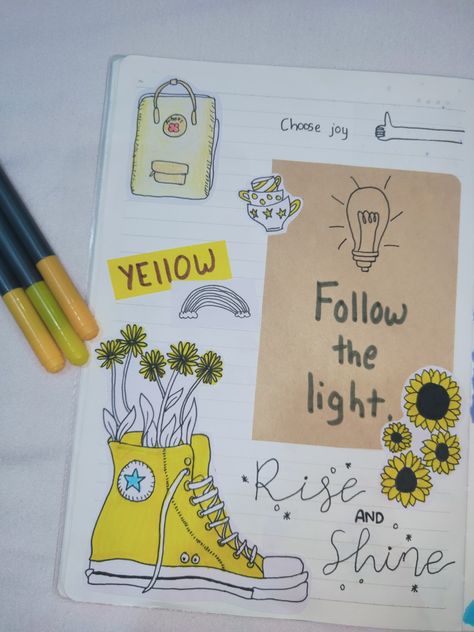 Journal Ideas Easy Aesthetic, Yellow Theme Journal, Theme Journal Ideas, Decorate Diary, Write On Pictures, Aesthetic Journals, Collage Journaling, Theme Journal, Mini Art Journal