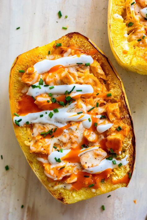 Buffalo Chicken Stuffed Spaghetti Squash - Dash of Mandi Chicken Stuffed Spaghetti Squash, Buffalo Chicken Spaghetti, Buffalo Chicken Spaghetti Squash, Cheesy Buffalo Chicken, Stuffed Spaghetti Squash, Spaghetti Squash Recipe, Pasta Substitute, Chicken Stuffed, Chicken Spaghetti Squash