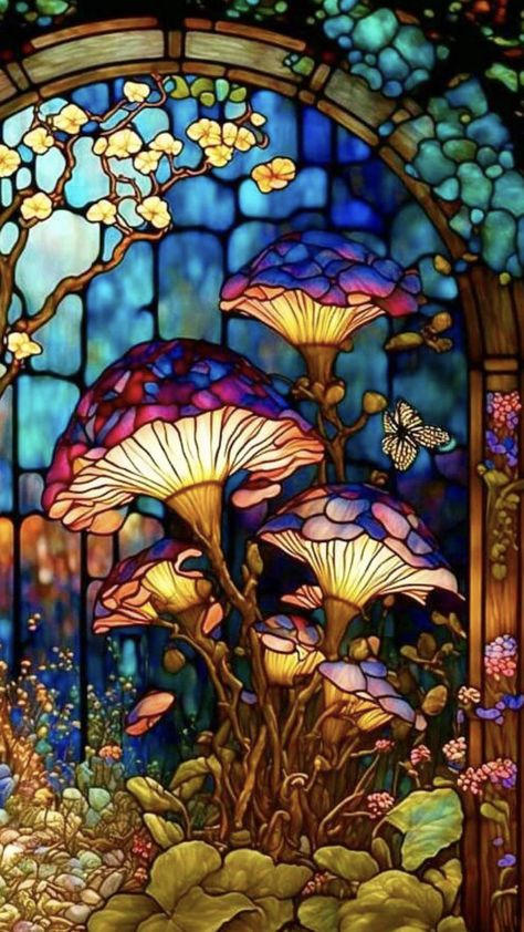 Colorful Mushrooms, Stain Glass Window Art, زجاج ملون, Painting Glass, Glass Window Art, Stained Glass Paint, Stained Glass Decor, Wall Accent, Art Stained