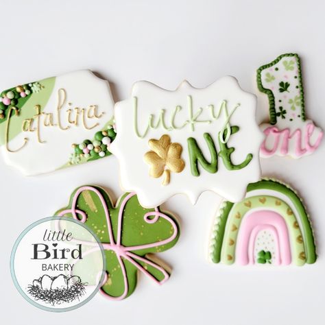 1st Birthday March Themes, Lucky One Cookies, Lucky One Birthday Theme, Lucky One Birthday Cookies, Lucky Charm First Birthday, March 1st Birthday Ideas Girl, Lucky One First Birthday Girl, Lucky One Birthday Party, St Patrick's Day Cookies