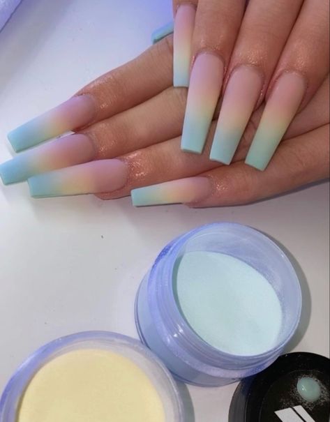 Spring Nail Ombre, Tri Color Ombre Nails, Ombre Sky Blue Nails, Nails 2023 Trends Summer Ombre, Multi Color Ombre Nails, Blue Yellow Ombre Nails, 3 Color Ombre Acrylic Nails, Three Color Ombre Nails, Medium Length Ombre Nails