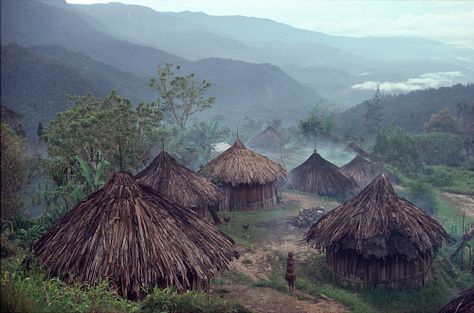 Yali girl hugs herself to keep warm in the cold morn- ing air. Highland rainforest village, Holuwan, Irian Jaya Rainforest Village, Faith Stories, Lodge Design, African House, West Papua, Fantasy World Map, Northeast India, Village Photography, Location Inspiration