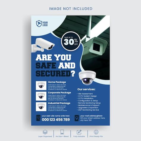 Vector cctv and security company print f... | Premium Vector #Freepik #vector Brochure Templates Free Download, Cctv Camera Installation, Security Company, Poster Template Design, Free Brochure Template, Social Media Advertising Design, Security Companies, Technology Icon, Card Banner