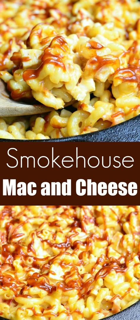 Smokehouse Mac and Cheese. Amazing, comforting macaroni and cheese dish. Macaroni loaded with chicken, smoked bacon and smoked cheese, baked and drizzled in bbq sauce. #pasta #macaroni #cheesy #bbq #macandcheese #bacon #chicken Smoked Buffalo Chicken Mac And Cheese, Smokey Mac And Cheese, Bbq Mac And Cheese Recipe, Mac And Cheese With Chicken, Pasta Macaroni, Macaroni Cheese Recipes, Bacon Mac And Cheese, Macaroni Recipes, Bacon Chicken