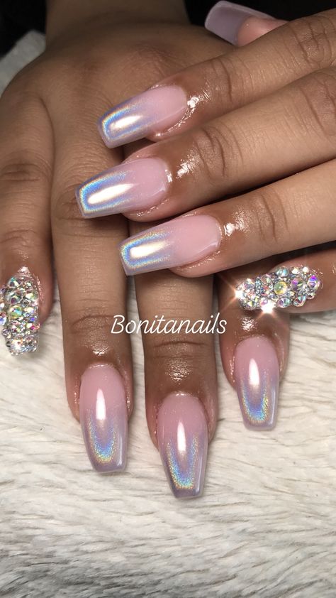 Holographic Nails With Rhinestones, Holographic Rainbow Nails, Ombre Holographic Nails, Irradecent Acrylic Nails, Holo Glitter Nails, Halographic Nails, Opalescent Nails, Hallographic Nails, Periwinkle Nails