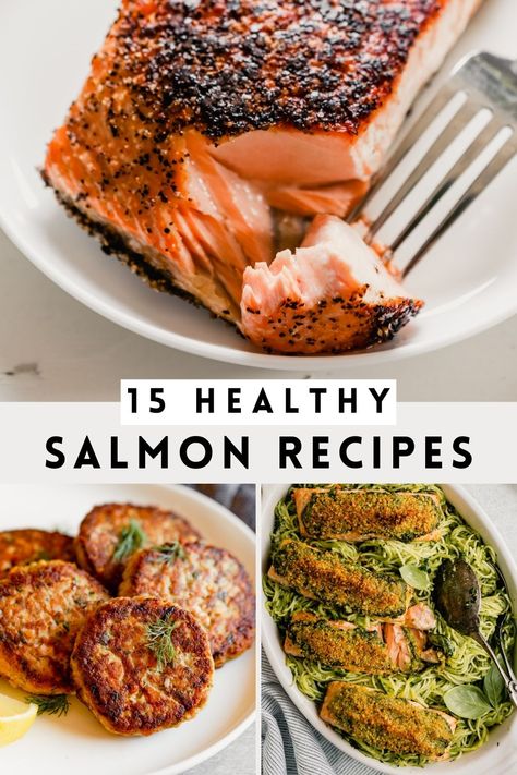 This collection of healthy salmon recipes are sure to satisfy! Featuring our go-to pan seared salmon recipe we make at least once a week, to light and flavorful salmon poke bowls, pesto salmon pasta, and meal prep salmon cakes, there's something here for every night of the week and any occasion! Meal Prep Salmon, Salmon Lasagna, Salmon Burger Recipe, Salmon Meal Prep, 30 Minute Meals Healthy, Seared Salmon Recipes, Quick Chicken Dinner, Salmon Recipes Pan Seared, Seafood Dinner Recipes