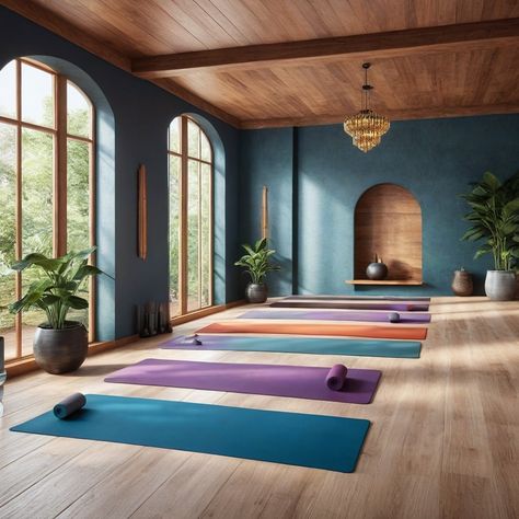 Namaste in this beautiful yoga room! Filled with natural light and warmth, this inviting space boasts wood floors and rolled up yoga mats ready for you to begin your practice. Would you practice yoga in this room? Let us know in the comments! Yoga Studio Flooring, Blue Yoga Studio, Yoga Basement, Colorful Yoga Studio, Basement Yoga Space, Boho Yoga Studio, Office Yoga Room Combo, Outdoor Working Space, Backyard Yoga Space