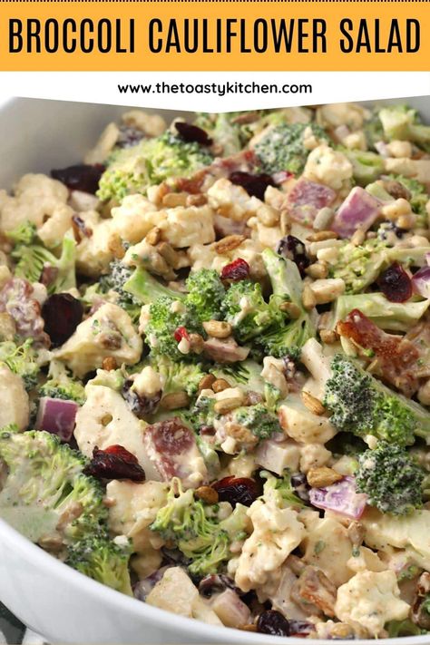 Broccoli cauliflower salad is a cold salad recipe that's perfect for summer parties and potlucks. Broccoli and cauliflower are tossed with bacon and onion in a simple homemade dressing and chilled until ready to serve. #potlucksides #summersides #broccolisalad #cauliflowersalad #coldsidedish #picnicsides Creamy Broccoli And Cauliflower Salad, Cold Broccoli And Cauliflower Salad, Apple Broccoli Cauliflower Salad Recipe, Apple Broccoli Cauliflower Salad, Cold Cauliflower Salad, Salad With Broccoli And Cauliflower, Cold Broccoli Salad Recipes, Cauliflower Salad Recipes Cold, Brocolli Cauliflower Salad