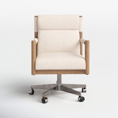 Wide channels add extra comfort to a structured desk chair of soft upholstery, with a 360-degree swivel made for the modern office. | Joss & Main Finn Conference Chair 34.0 H x 22.0 W x 27.0 D in brown / pink / whiteWood / Upholstered in Cream / Flax | 34" H X 22" W X 27" D | Wayfair Nice Desk Chair, Coastal Office Chair, Coastal Office Chairs, Aesthetic Office Chair, Classy Home Office, Apt Aesthetic, Mm Furniture, Coastal Home Office, Dads Office