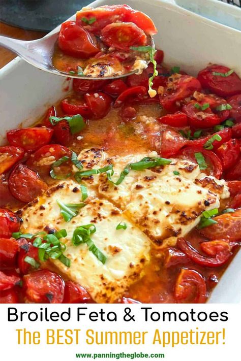 This broiled feta and tomatoes appetizer is an easy recipe and perfect for summer! Fresh cherry tomatoes, olive oil, garlic and a hunk of feta cheese are melted under the heat of the broiler, resulting in a hot jumble of soft creamy feta and garlicky sweet juicy blistered tomatoes - the most addictive topping for bread or crostini! #FetaDip #FetaTomatoes #Bruschetta #SummerAppetizer #BestSummerAppetizers Tomato Appetizers, Blistered Tomatoes, Summer Appetizers Easy, Tomato Dishes, Creamy Feta, Small Appetizers, Tomato Bruschetta, Fresh Cherry, Olive Oil Garlic