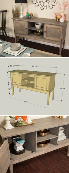 How to build a DIY Dining Room Sideboard | Free printable project plans at buildsomething.com | Add some serious style and storage in your dining room by building this great-looking sideboard. It offers two enclosed compartments for storage, open shelves that are perfect for display, and a generous top surface that’s perfect for laying out the spread you intend to serve. Sideboard Diy, Diy Sideboard, Classic Dining Room, Dining Room Sideboard, Diy Dining, Outdoor Furniture Plans, Free Plans, Diy Furniture Projects, Cool Ideas