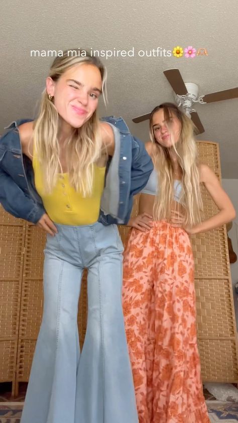 tess_and_sarah on Instagram: mama mia young donna inspired outfits🫶🏼🌸🌼 this one was too much fun🤍 Mama Mia 2 Outfits, Mama Mia Outfits Party, Mama Mia Costume, Young Donna Outfits, Mama Mia Inspired Outfits, Mama Mia Style, Mama Mia Outfits Inspiration, Mama Mia Aesthetic Outfits, Tess And Sarah