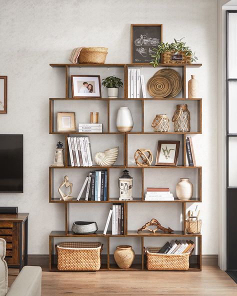 Shelving Units Living Room, Brown Bookcase, Tiered Display Shelves, Rustic Bookcase, Contemporary Bookcase, Large Bookcase, Freestanding Storage, Wooden Bookcase, Living Room Shelves