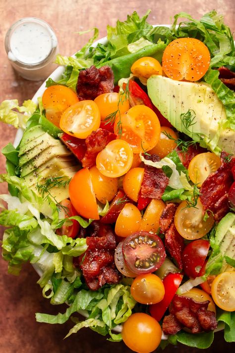 Firebirds Wood Fired Grill BLT Salad Recipe Grilled Blt, Blt Salad Recipe, Garlic Ranch, Blt Salad, Fire Grill, Summer Produce, Hearty Salads, Grape Tomatoes, Hard Boiled