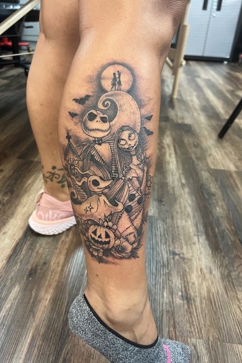 Jake And Sally Tattoos, Small Jack And Sally Tattoo Ideas, Jack Sally And Zero Tattoo, Tim Burton Leg Tattoo, Jack And Sally Tattoo Ideas, Jack Skellington Tattoo Ideas, Jack And Sally Tattoo Couple, Jack Skeleton Tattoo, The Nightmare Before Christmas Tattoo